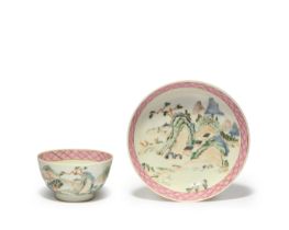 A Chinese famille rose 'landscape' tea bowl and matching saucer Late Qing dynasty The saucer en...