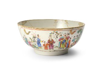 A Chinese famille rose 'erotic' punch bowl Qing dynasty, Qianlong period Enamelled to the exter...