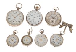 A lot group of seven various sized 19th century silver pocket watches Including one suspended fro...