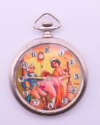 A silver erotic pocket watch. 4.75 cm diameter.