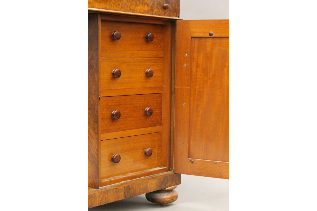 A Victorian burr walnut Davenport, the top with inset presentation inscription. 55 cm wide. - Image 10 of 13