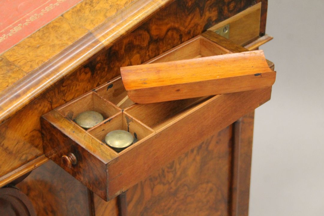 A Victorian burr walnut Davenport, the top with inset presentation inscription. 55 cm wide. - Image 13 of 13