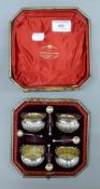 A cased set of four silver salts. The case 15.5 cm wide. 73.5 grammes.