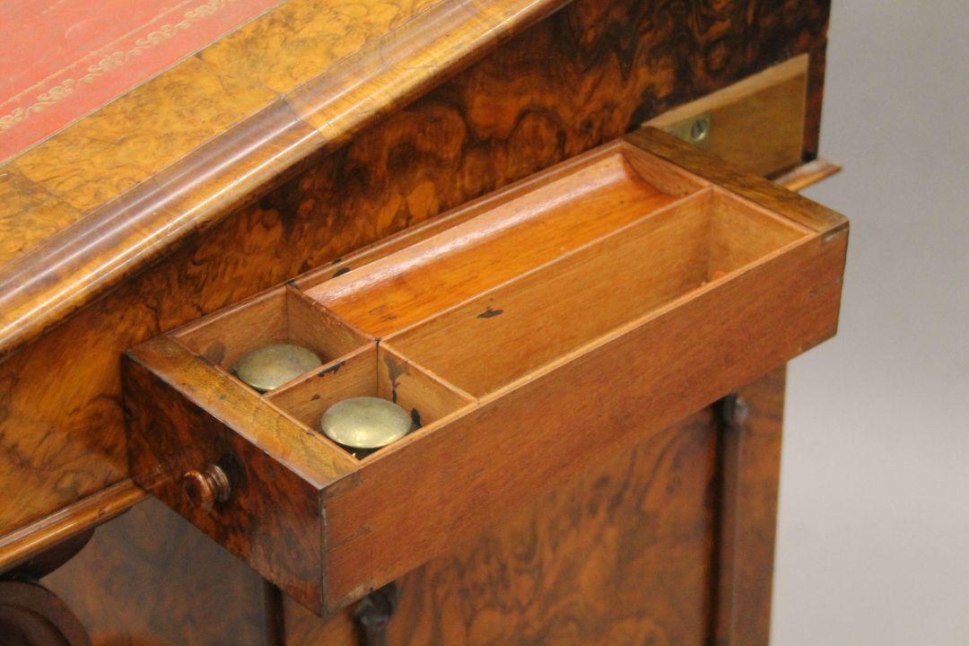 A Victorian burr walnut Davenport, the top with inset presentation inscription. 55 cm wide. - Image 11 of 13
