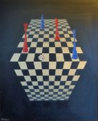 DAVID HINGE (born 1932) British (AR), Chess Board, oil on board, signed lower left, framed.