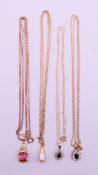 Four 9 ct gold pendant set necklaces. Pearl drop pendant 1.
