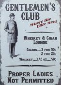 A tin 'Gentlemen's Club' sign. 50 x 70 cm.