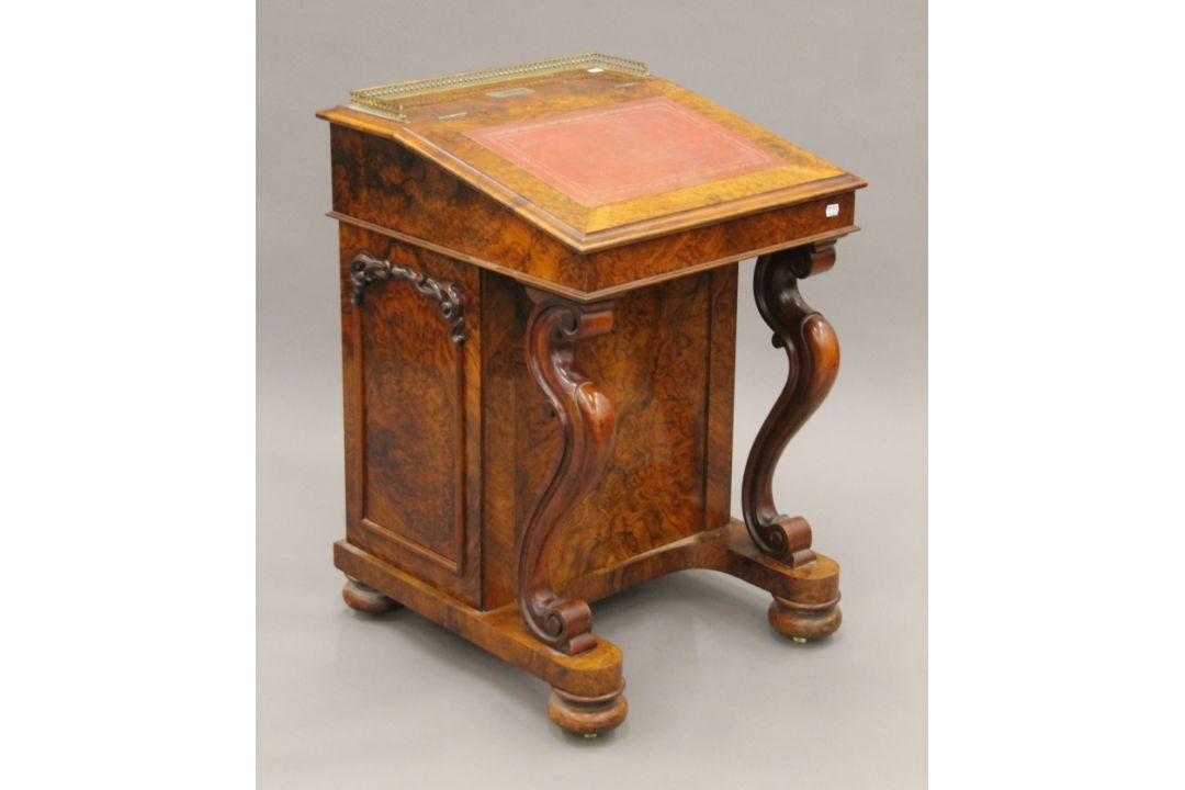 A Victorian burr walnut Davenport, the top with inset presentation inscription. 55 cm wide. - Image 1 of 13
