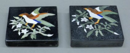 A pair of pietra dura paperweights. Each 10 cm square.