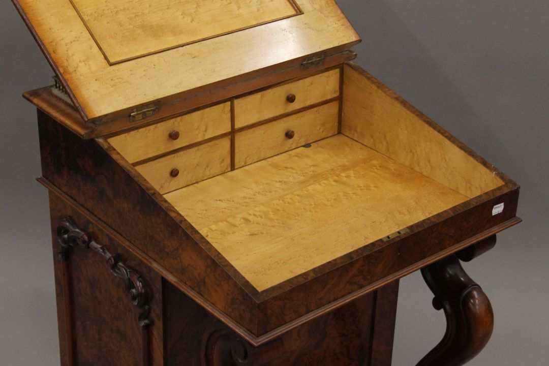 A Victorian burr walnut Davenport, the top with inset presentation inscription. 55 cm wide. - Image 5 of 13