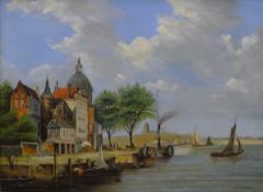 DUTCH SCHOOL, 19th Century Dutch Canal Scene with Paddle Steamer, indistinctly signed, framed. 44.