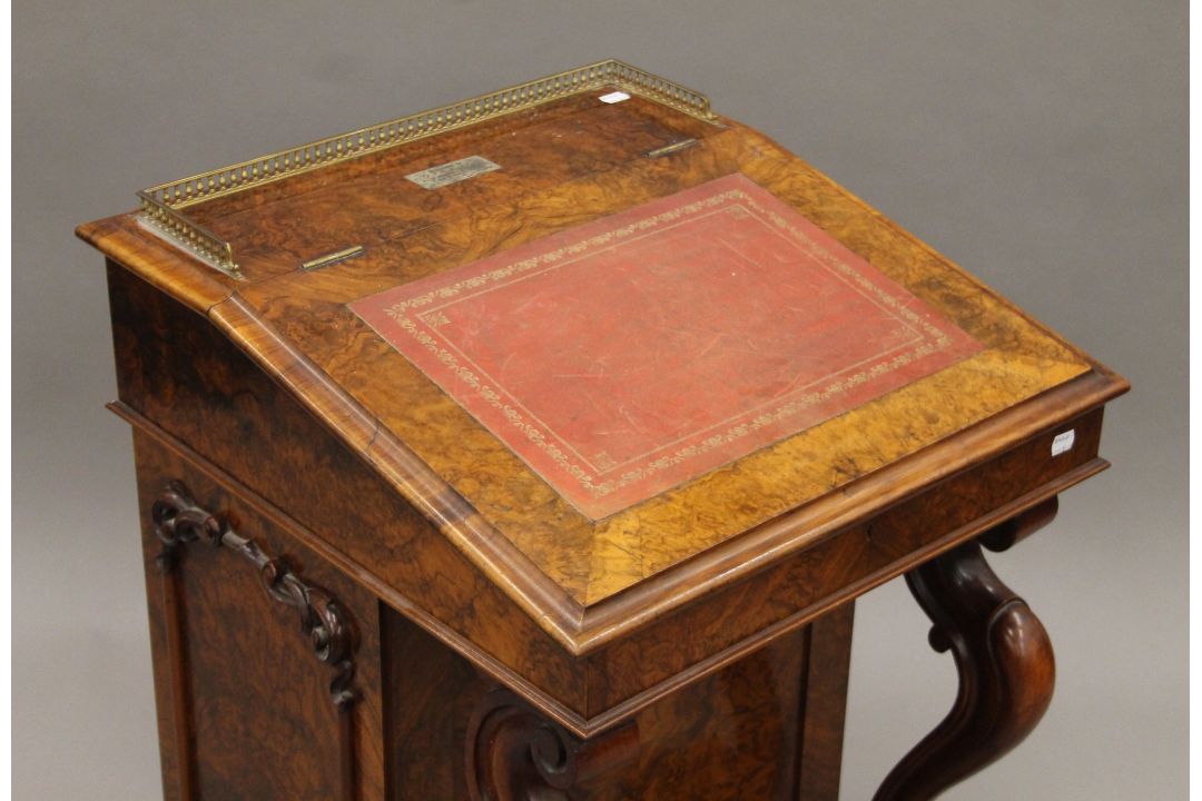 A Victorian burr walnut Davenport, the top with inset presentation inscription. 55 cm wide. - Image 2 of 13