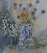 NANCY PLIENER, 'Still Life Chinese Vase and Singapore Orchids', watercolour, signed,