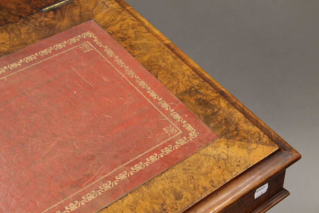 A Victorian burr walnut Davenport, the top with inset presentation inscription. 55 cm wide. - Image 4 of 13