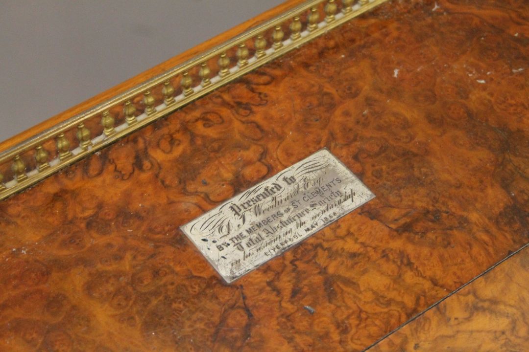 A Victorian burr walnut Davenport, the top with inset presentation inscription. 55 cm wide. - Image 3 of 13