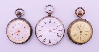 Three silver pocket watches. The largest 4 cm diameter.