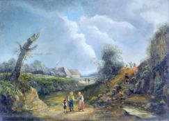 19TH CENTURY SCHOOL, Figures in a Country Landscape, oil on panel, framed. 29 x 39.5 cm.
