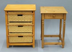 A small modern pine unit with three basket drawers and a modern pine single-drawer side table.