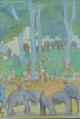Two Indian watercolours: 'Elephants' and 'Street View', each signed with a monogram,