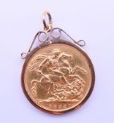 An 1893 gold sovereign mounted as a pendant, the setting 9ct. 3 cm high including suspension loop.