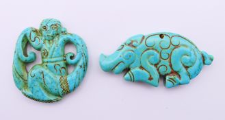 Two Tibetan carvings. Figure carving 5 cm high, boar carving 3.5 cm high.