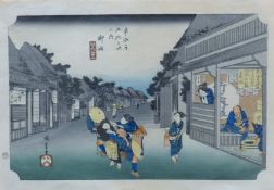 Three 19th century Japanese woodblock prints, each 26 x 38 cm.