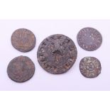 Four antique/antiquity coins and a seal. The latter 2.2 cm diameter.