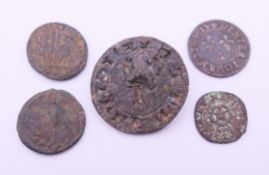 Four antique/antiquity coins and a seal. The latter 2.2 cm diameter.
