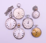 Three silver pocket watches, a silver fob watch and two other pocket watches. Fob watch 3.