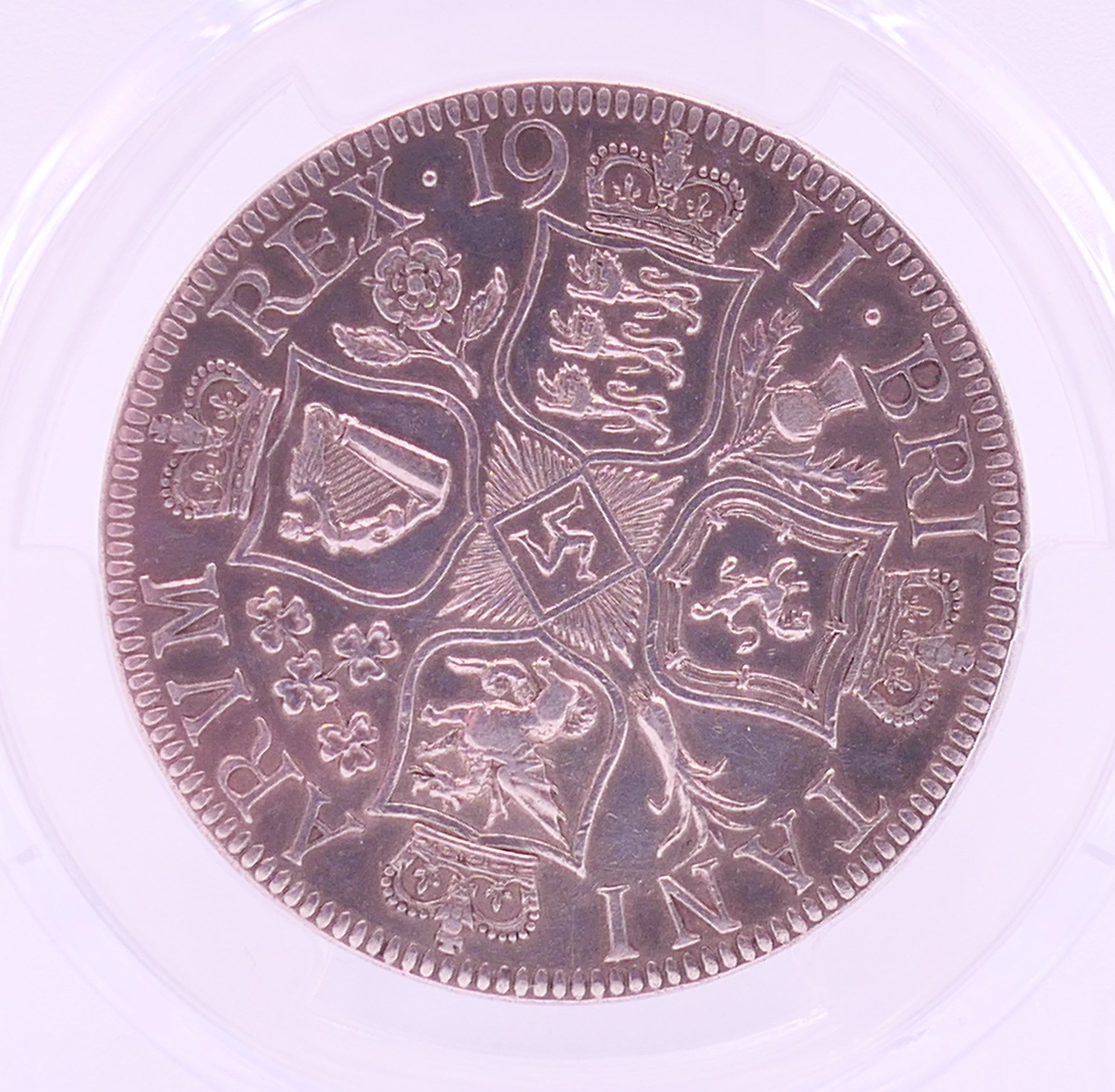 A George V 1911 pattern silver double florin, slabbed by P.C.G.S Rarity 2 Grade PR50. - Image 2 of 4