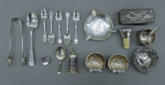 A quantity of various silver items, including salts, spoons, an ashtrays, etc. The latter 8.