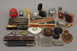 A quantity of miscellaneous items including snuff boxes, seal boxes, miniature clocks, razors,