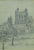 'Ely Cathedral', pencil sketch, inscribed Ely 1890, framed and glazed. 15 x 10 cm.