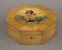 An early 20th century Colonial octagonal olivewood box with veneered and stained caricature of a