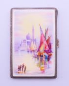 A silver and enamel moonlit boat scene cigarette case. 9 x 6 cm.