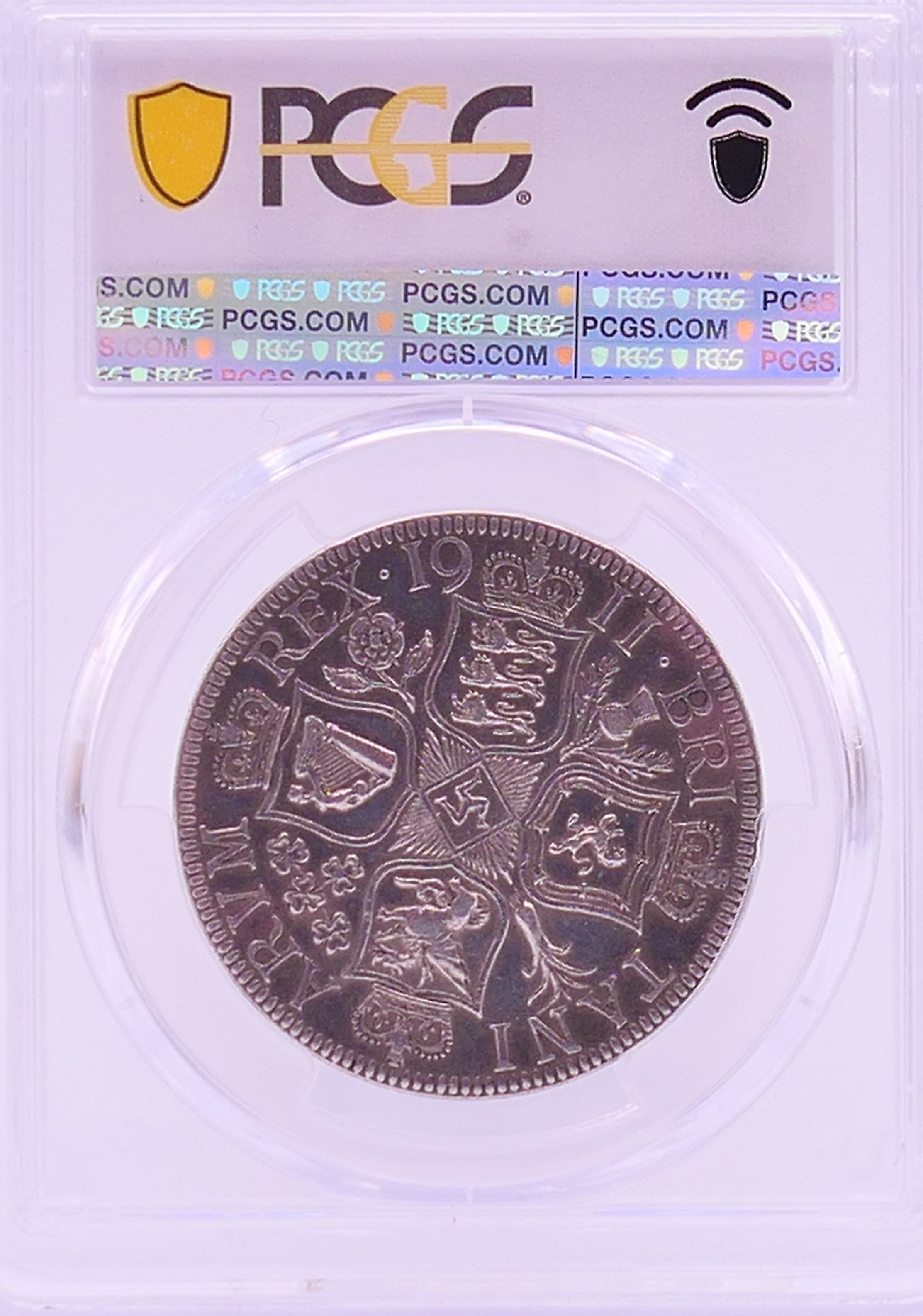 A George V 1911 pattern silver double florin, slabbed by P.C.G.S Rarity 2 Grade PR50. - Image 3 of 4