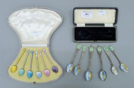 A cased set of six silver and enamel teaspoons and a set of six Egyptian enamel teaspoons spoons.