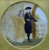 A 19th century silkwork picture of a Lady and Gentleman with a Dog, framed and glazed. 41.5 x 41.