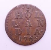 A Dutch 1765 one-duit coin.