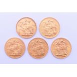 Five gold sovereigns (1904, 1906, 2 x 1911, 1914).