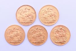 Five gold sovereigns (1904, 1906, 2 x 1911, 1914).