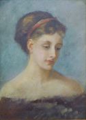 CIRCA 1900, 'Young Lady with Red Hair Band', oil on board, framed. 37.5 x 27 cm.