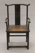 A late 19th/early 20th century Chinese hardwood open chair. 61 cm wide.