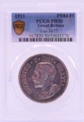 A George V 1911 pattern silver double florin, slabbed by P.C.G.S Rarity 2 Grade PR50.
