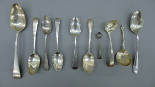 A small quantity of Georgian and later silver spoons. The largest 17 cm long. 177.8 grammes.