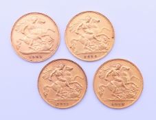 Four gold half sovereigns (1903, 1910, 1911, 1913).