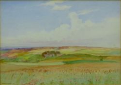 WALTER H ALLCOTT, 'The Cotswolds Among the Wheat', watercolour, signed and dated 1917,