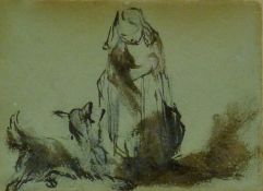 'Girl with Dog', pen and ink, framed and glazed. 7 x 10 cm.