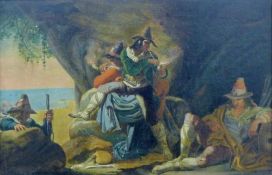 19th CENTURY, 'Four Brigands Resting in a Cave', oil on board laid on canvas, framed. 24.5 x 36.