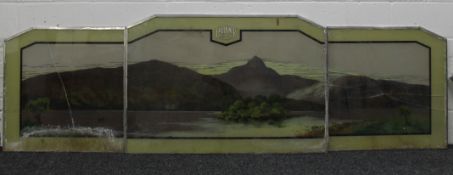 A mid-century three-section fish and chip shop splash back glass panel by Faulkner & Co, Hollinwood,